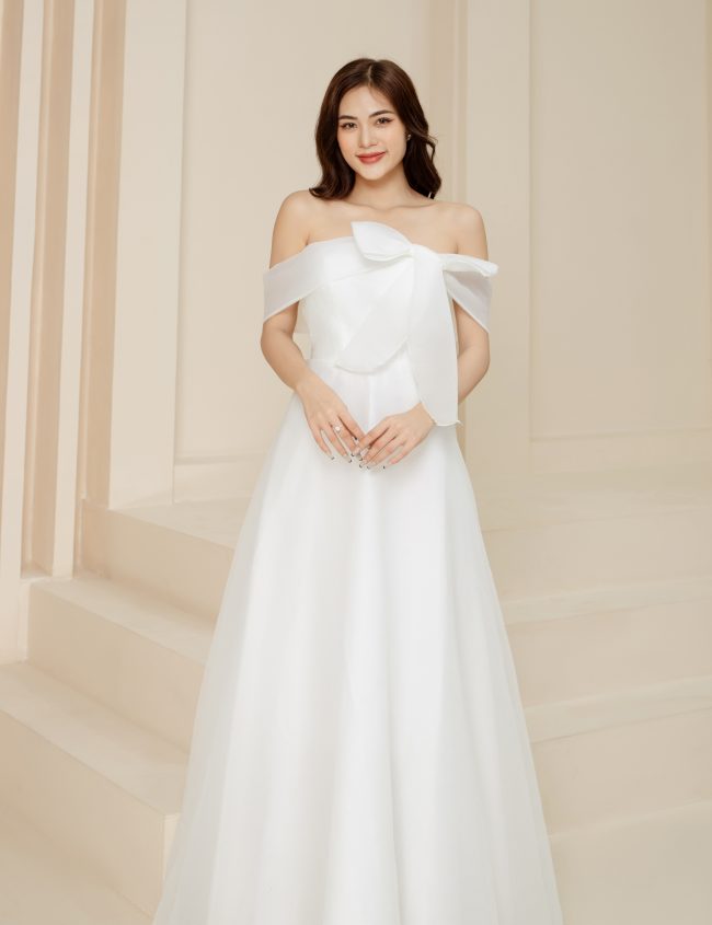 Đầm dạ hội cao cấp trễ vai màu trắng sang trọng