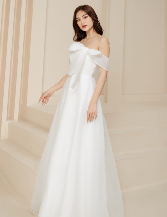 Váy xoè trễ vai màu trắng thiết kế đơn giản, dễ thương #3079
