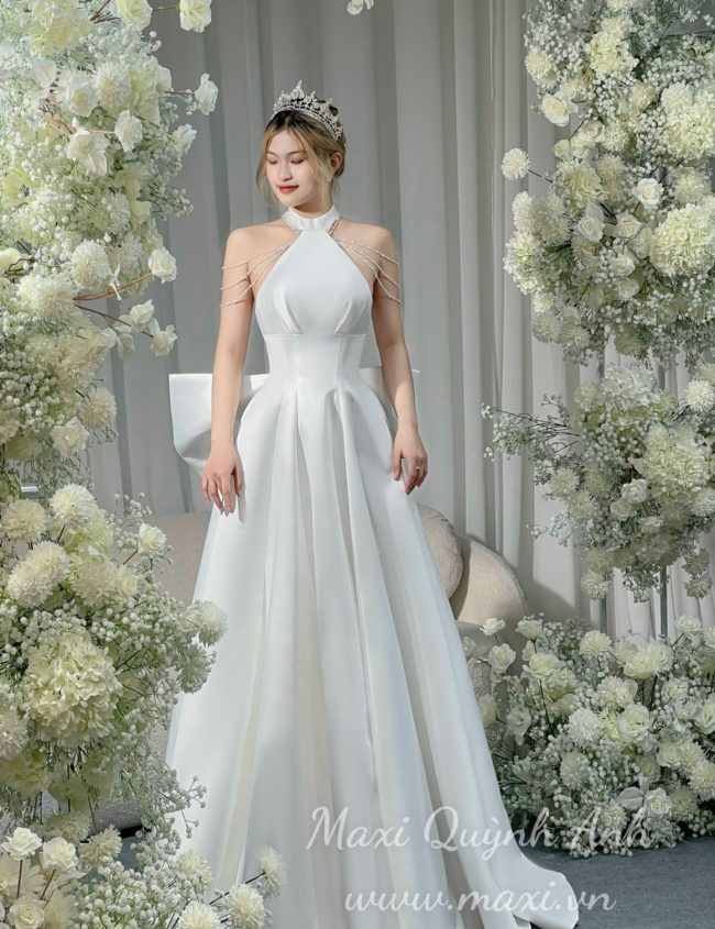 Đầm dạ hội trắng tay phồng thiết kế kèm nơ TPNL - maxi.vn