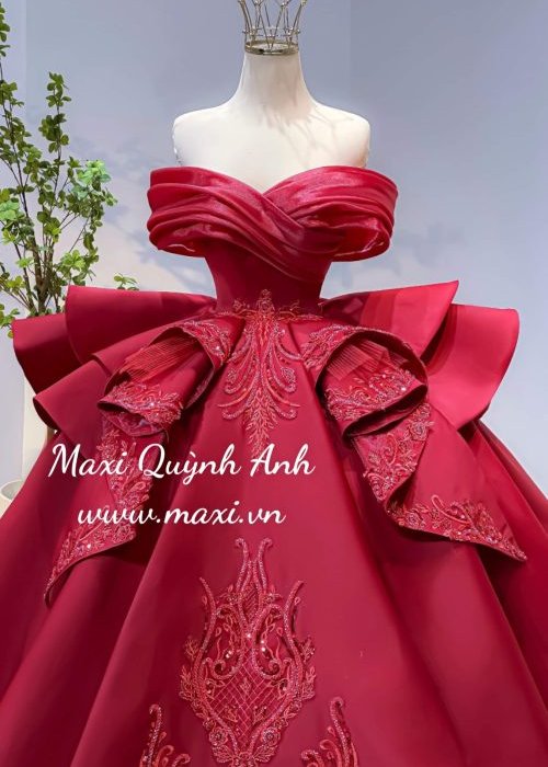 Váy Cưới Trễ Vai Ren Tùng Đỏ Cao Cấp