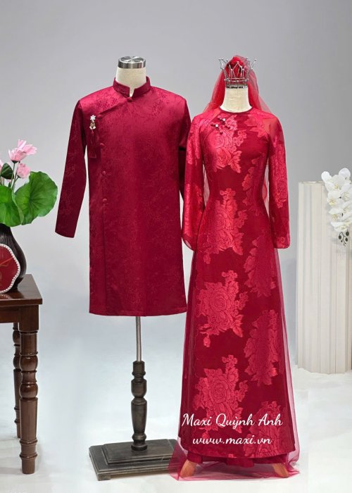 Cặp Áo Dài Cưới Gấm Hoa Đỏ Tao Nhã