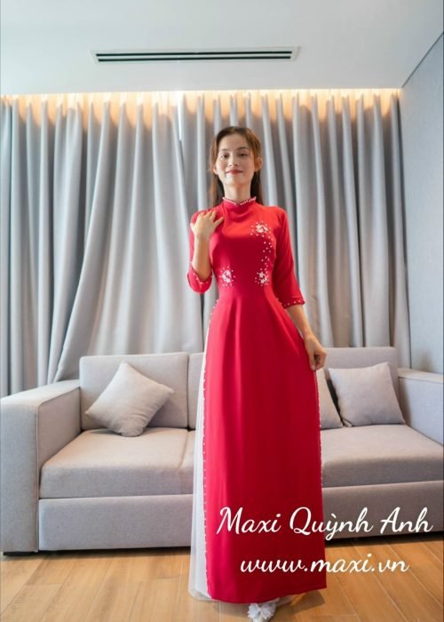 Áo Dài Tết Hồng Mận Đính Hoa Nhẹ Nhàng