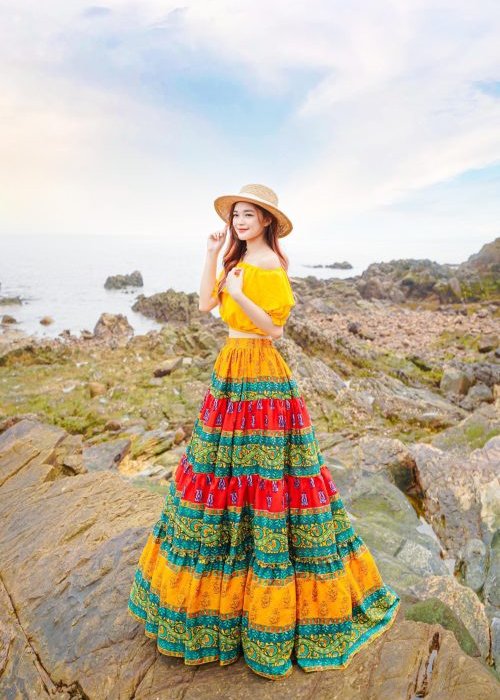 Set Maxi Hoa Vàng Phối Màu Thổ Cẩm