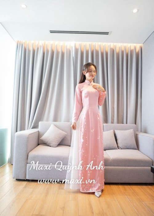 Áo Dài Tết Hồng Kết Hoa Nhẹ Nhàng