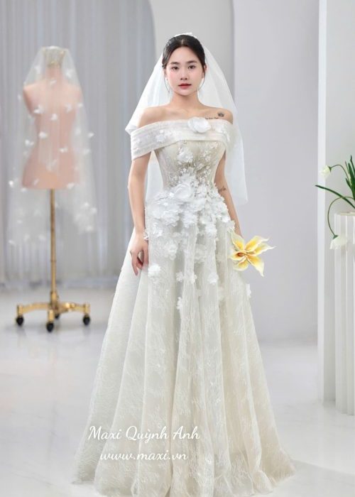 Váy Cưới Trễ Vai Thêu Hoa Cao Cấp