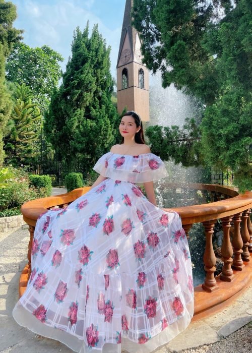 Đầm Trễ Vai Hoa Kiếng Bèo Chân