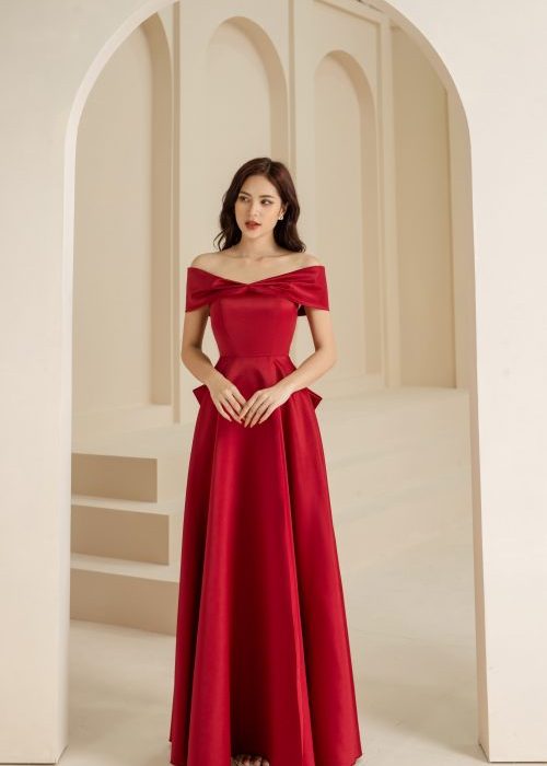 Đầm Dạ Hội Đỏ Thiết Kế Trễ Vai Cúp Ngực Sang Trọng