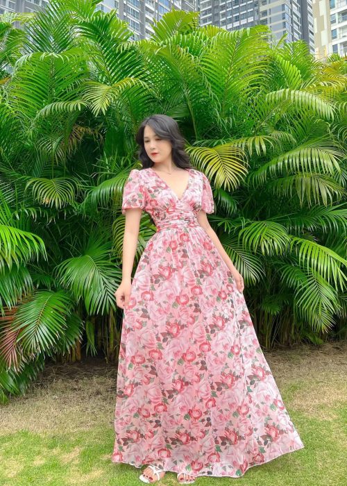 Đầm Maxi Hoa Hồng tay Phồng Cổ V Tao Nhã