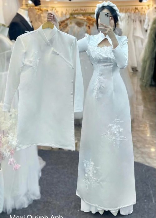 Cặp Áo Dài Cưới Trắng Cách Tân Kết Hoa Sang Trọng (KNH)
