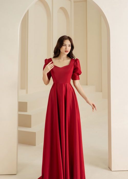 Đầm Dạ Hội Đỏ Tay Phồng Nơ Lưng