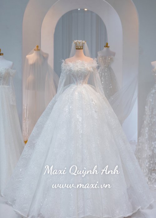 Đầm Cưới Cao Cấp Kết Hoa Đính Lông Vũ Tay Dài