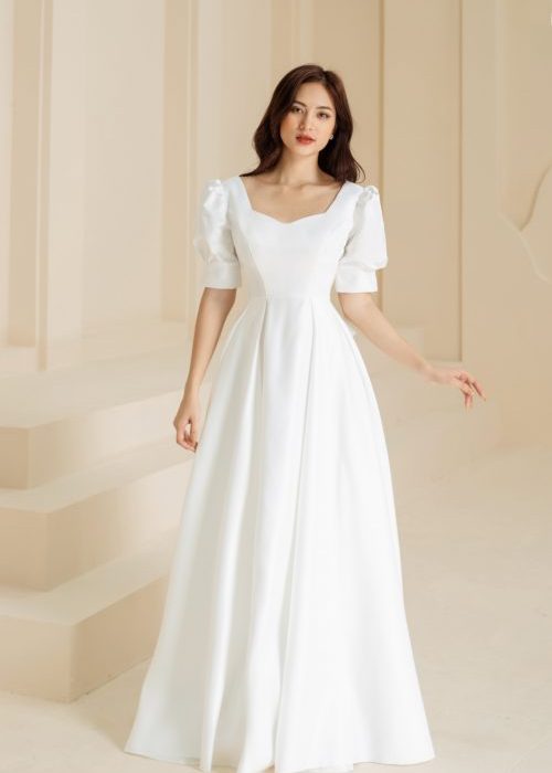 Đầm Dạ Hội Trắng Tay Phồng Thiết Kế Kèm Nơ