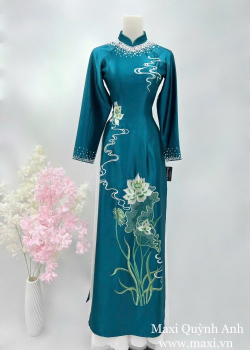 Áo Dài Sui Bảo Ngọc Xanh Thêu