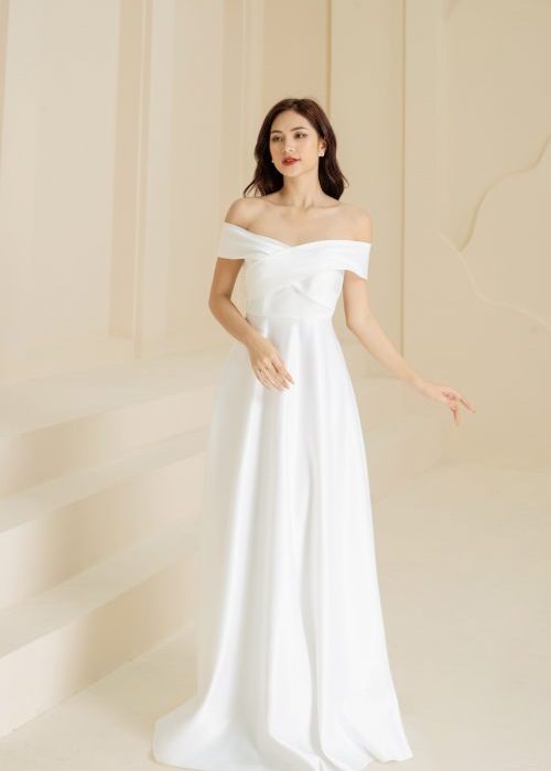 Đầm Dạ Hội Trắng Trễ Vai Sang Trọng