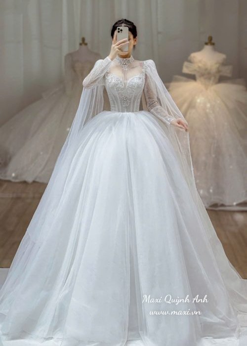 Váy Cưới Kim Sa Tay Dài Cao Cấp