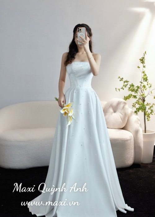 Váy Cưới Cup Ngực Đính Ngọc Trai Tao Nhã