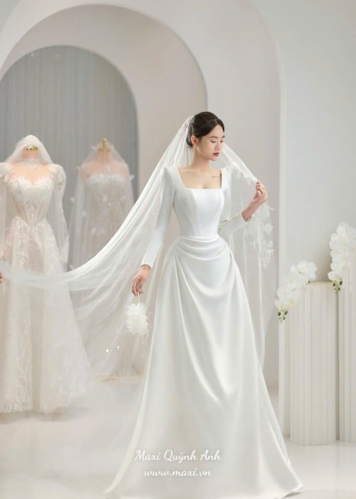 Váy Cưới Trắng Tinh Khôi Phom Tay Dài