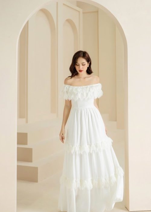 Váy Dạ Hội Lông Vũ Trắng