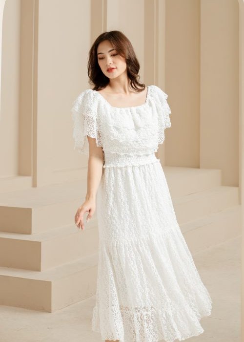 Đầm Maxi Trễ Vai Trắng Ren Hoa Mai