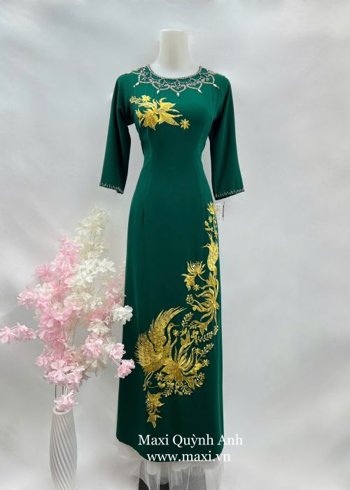 Áo Dài Sui Xanh Rêu Thêu Phượng Vàng