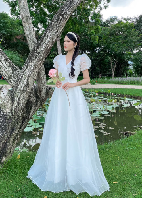Đầm Dạ Hội Trắng Tay Phồng Thiết Kế Tùng Xòe