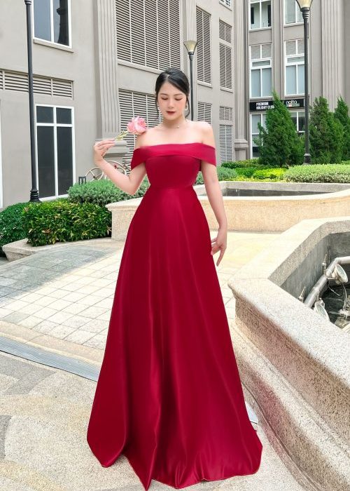 Đầm Dạ Hội Trễ Vai Đỏ Đơn Giản
