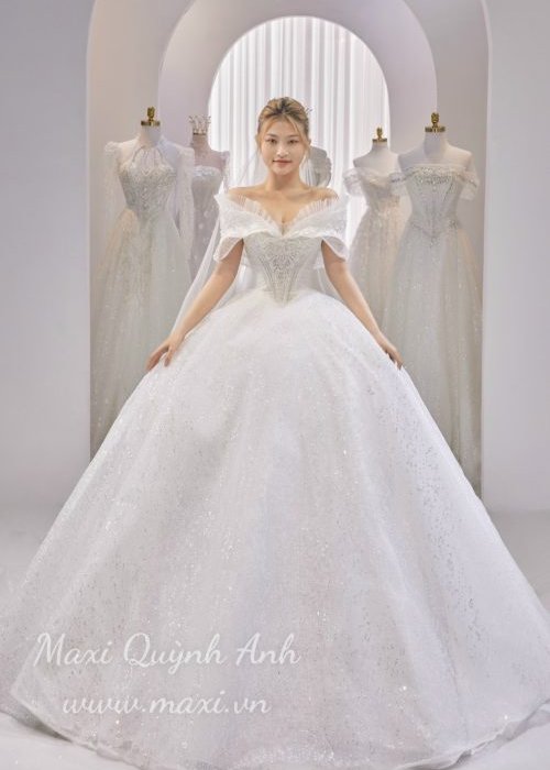 Váy Cưới Trễ Vai Kim Sa Cao Cấp