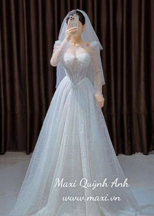 Váy Cưới Kim Sa Dệt Tay Dài