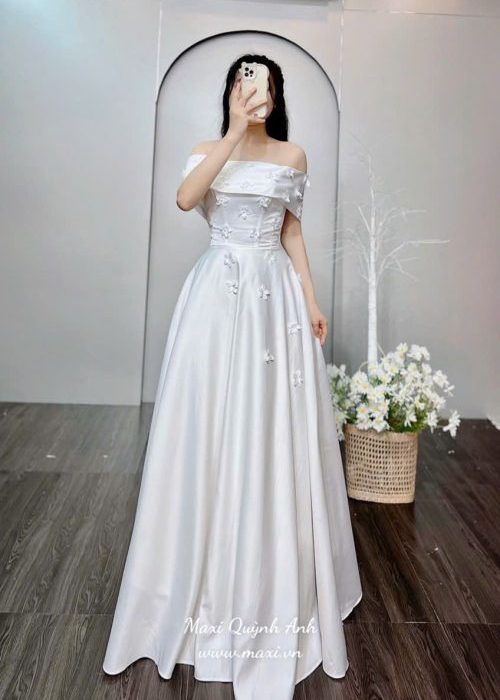 Váy Dạ Hội Trễ Vai Hoa Nhí (Đỏ, Trắng)