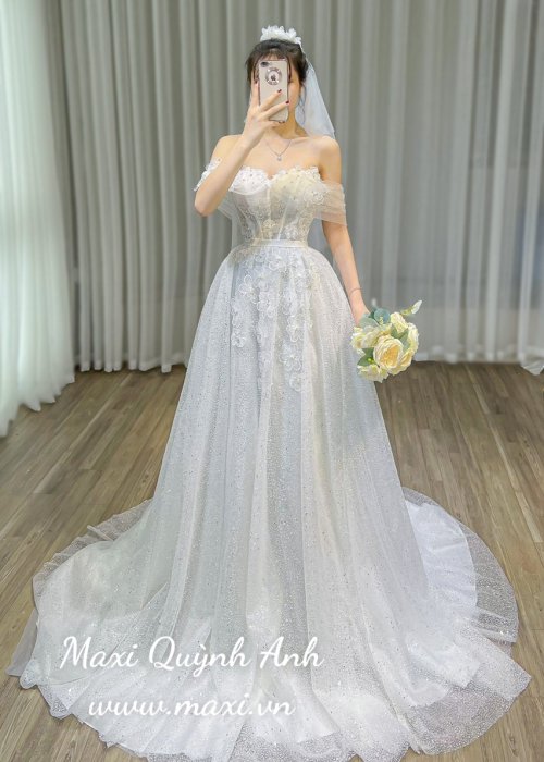 Đầm Cưới Trễ Vai Kết Hoa Cao Cấp