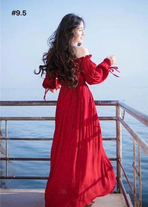 Đầm Maxi Đỏ Trễ Vai Tay Dài