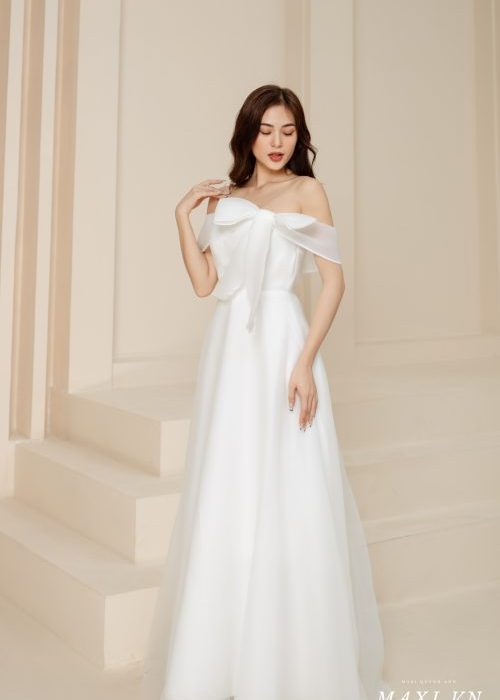 Váy Dạ Hội Trắng Trễ Vai Tà Xòe Nhẹ Nhàng