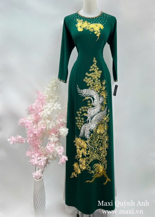 Áo Dài Sui Xanh Lá Thêu Hạc và Hoa Vàng