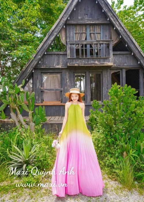 Đầm Maxi Phối Màu Dập Ly Cao Cấp