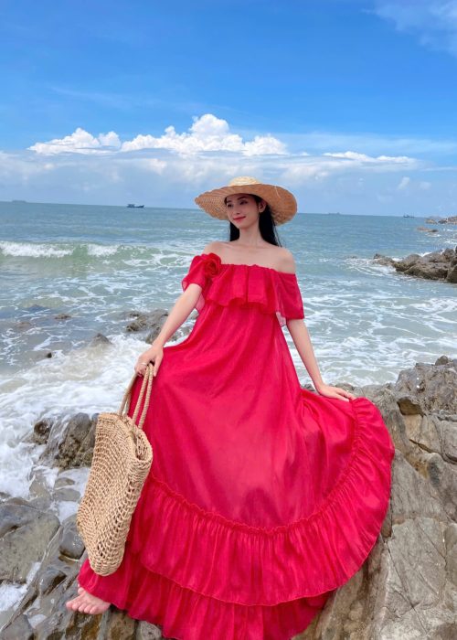 Đầm Maxi Trễ Vai Tầm Ánh Hồng Nhẹ Nhàng