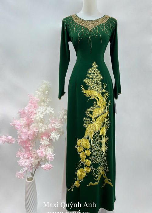 Áo Dài Xanh Đính Đá Thêu Công