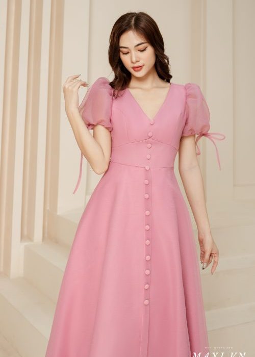 Váy Dạ Hội Hồng Cổ V Tay Phồng Nhẹ Nhàng