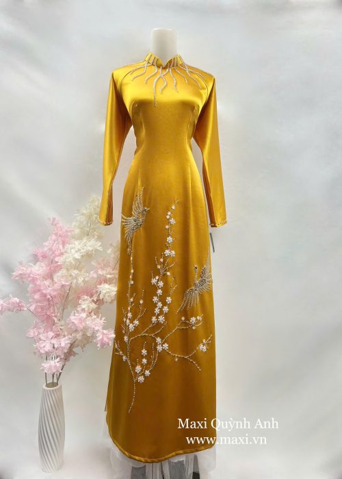Áo Dài Sui Vàng Kim Thêu Hạc