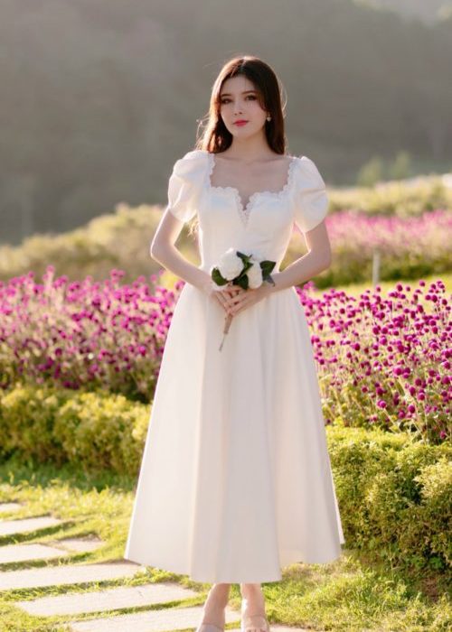 Váy Dạ Hội Trắng Phi Nhấn Tay Nhẹ Nhàng