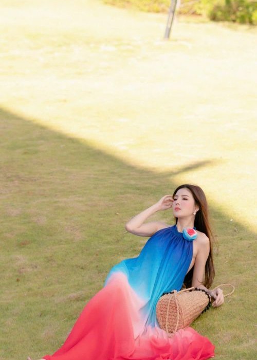 Đầm Maxi Cổ Yếm Loang Màu Cao Cấp