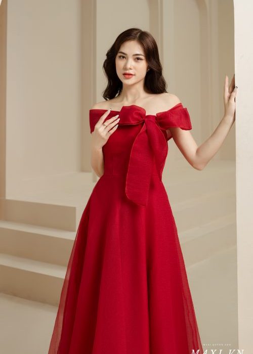 Váy Dạ Hội Trễ Vai Nơ Ngực Tao Nhã Đỏ