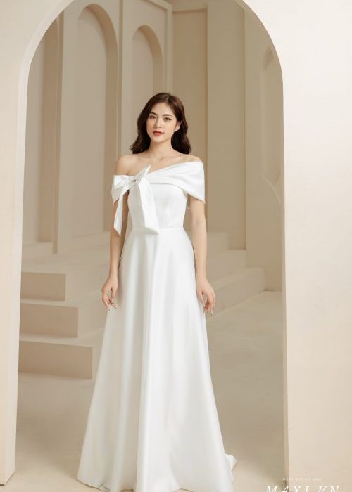 Váy Dạ Hội Trễ Vai Nơ Ngực Tao Nhã Trắng