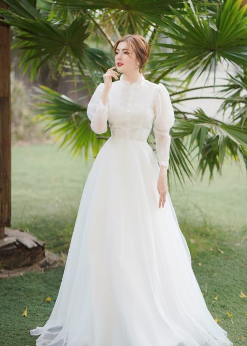 Đầm Dạ Hội Trắng Đính Nút Tay Phồng