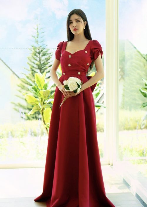 Đầm Dạ Hội Đỏ Đính Nơ Kèm Phụ Kiện