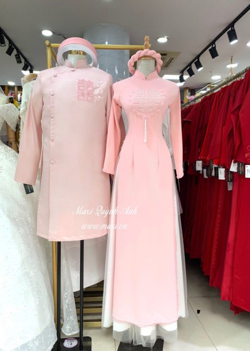 Cặp áo dài dâu rể kết hỉ hồng cao cấp