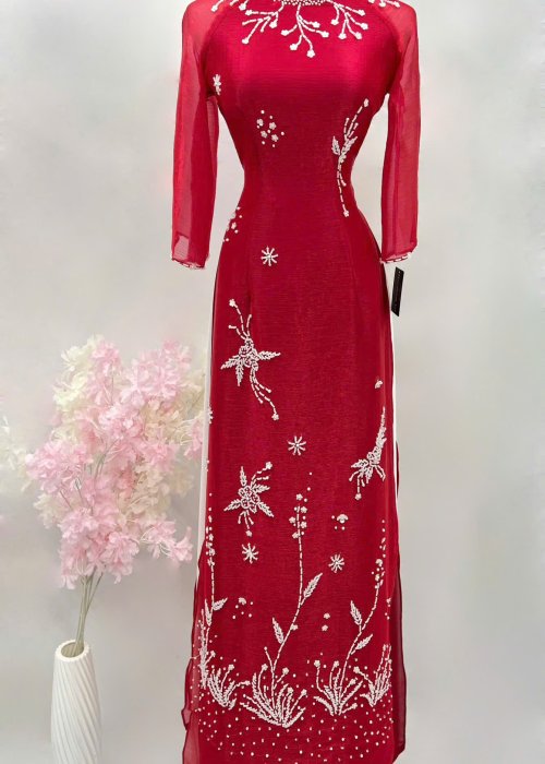 Áo Dài Sui Tơ Xước Đan Sa Phúc Lộc Viên Mãn