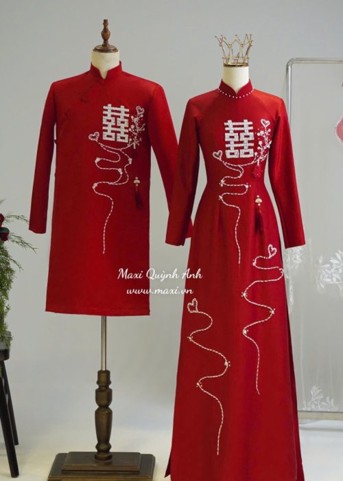 Cặp áo dài cưới hỉ đính đá trắng cao cấp