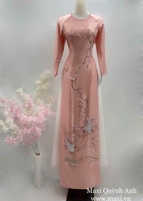 Áo Dài Sui Hồng Đào Thêu Cá