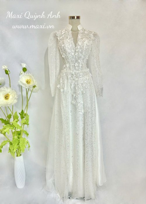 Váy cưới kim sa tay dài cao cấp