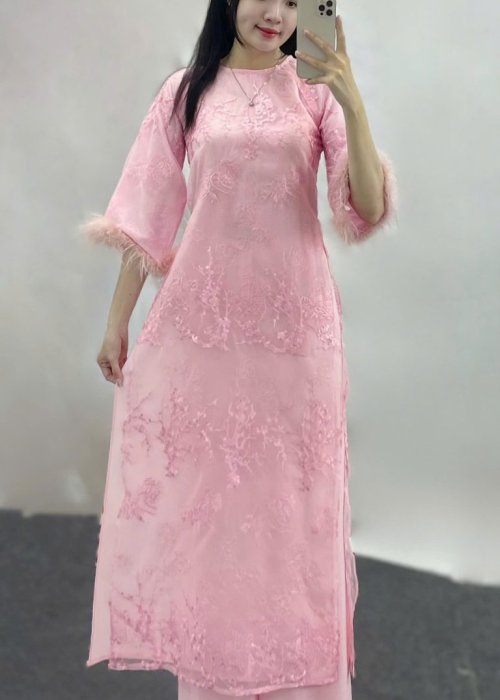 Áo Dài Cưới Hồng Dệt Lông Vũ